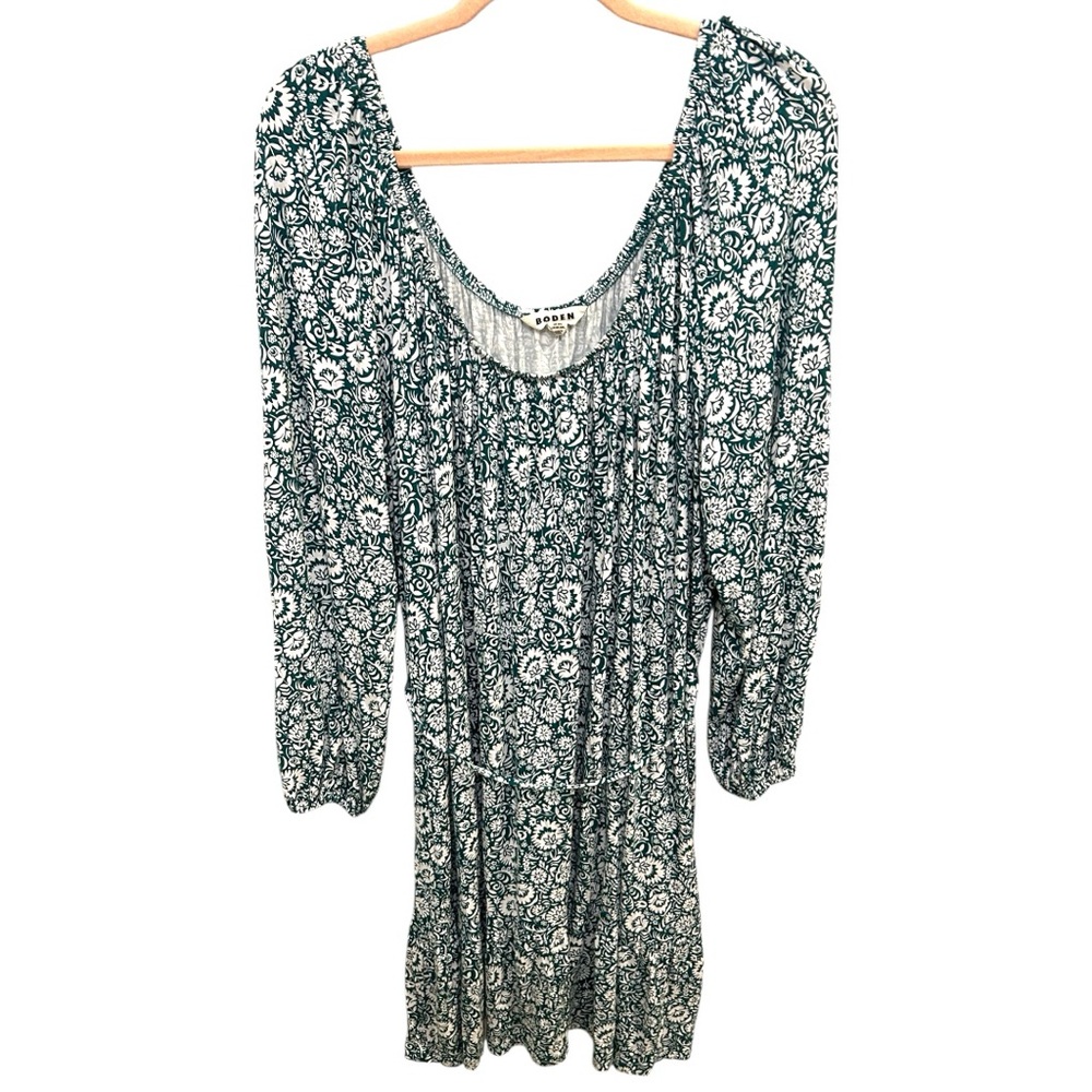Boden Green White Scoop Neck Jersey Knit Dress Size 20-22L Floral EUC AD 1022 - Picture 2 of 9
